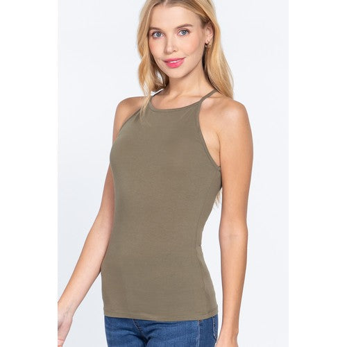 Cotton Halter Tank Top Silk Olive Green