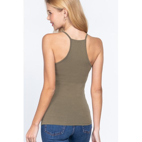 Cotton Halter Tank Top Silk Olive Green