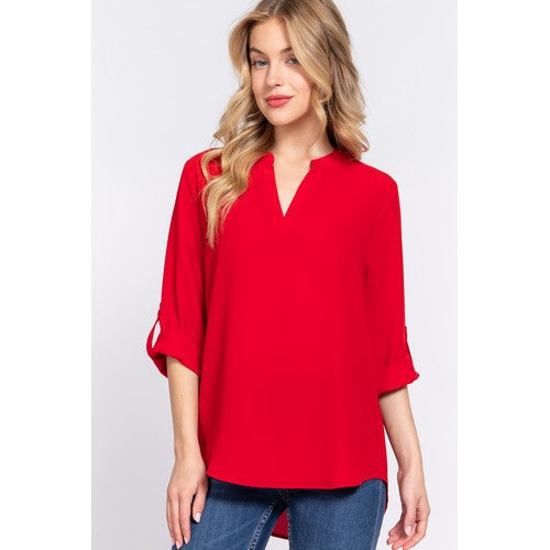 T13377 Button-Up Sleeve Blouse Red