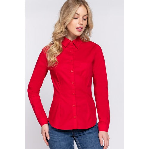 T13460 Classic Stretch Cotton Button Down Shirt Red