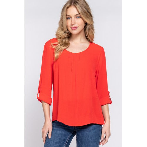 T13620 Roll Sleeve Pleat Detail Blouse Tomato