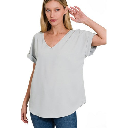 V-Neck Roll Sleeve Blouse in Light Grey