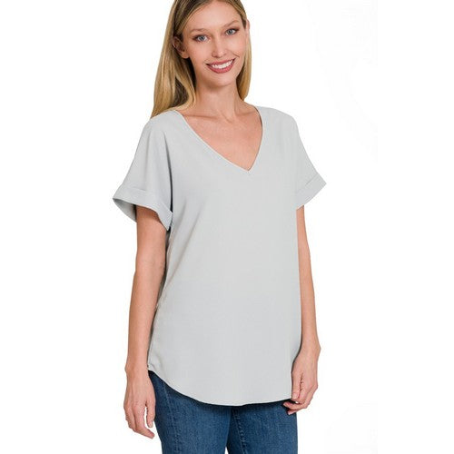 QT-3501AB V-Neck Roll Sleeve Blouse in Light Grey