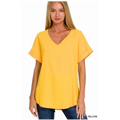 QT-3501AB V-Neck Roll Sleeve Blouse Yellow