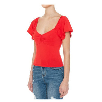 74229 Sweetheart Neck Flutter Sleeve Top B.Red