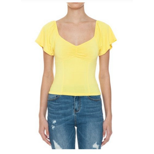 74229 Sweetheart Neck Flutter Sleeve Top Vibrant Yellow