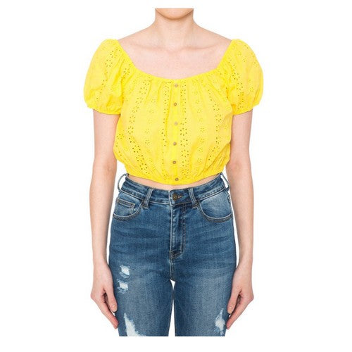 71783 Broderie Puff Sleeve Peasant Crop Top Vibrant Yellow