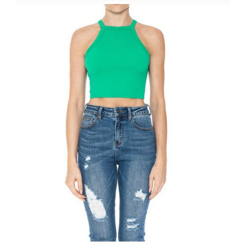 74938 High Neck Ribbed Vest Top Kelly Green