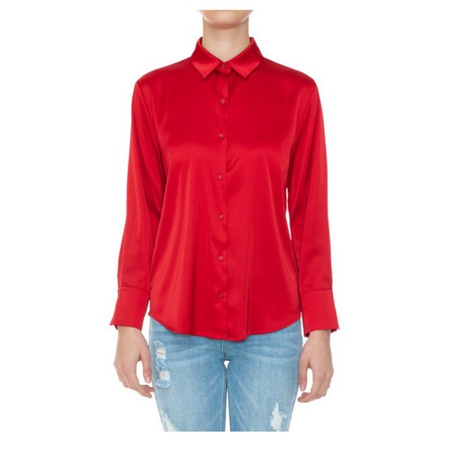 74775 Satin Button Down Long Sleeve Shirt Deep Red