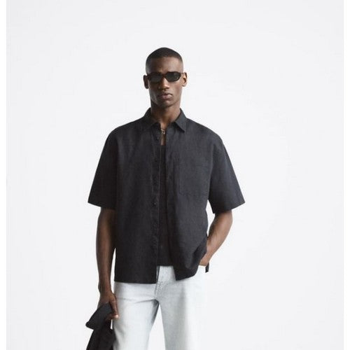 Zara Linen-Look Short Sleeve Shirt Black