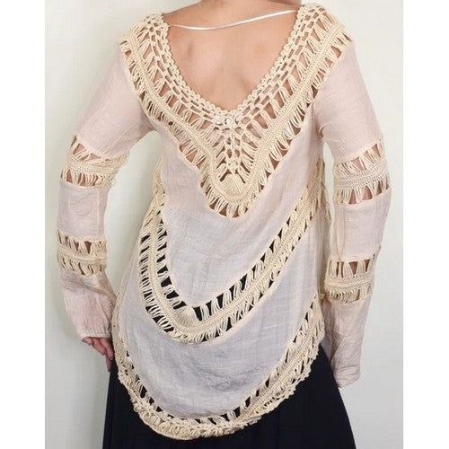 Boho Crochet Hippie Line Tunic Cover Up in Pink