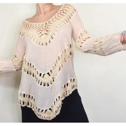 Boho Crochet Hippie Line Tunic Cover Up in Pink