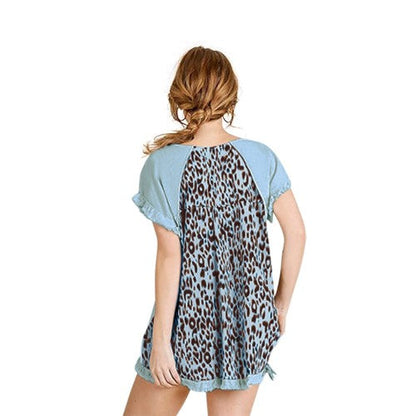 Linen Leopard Back Short Sleeve Top Blue