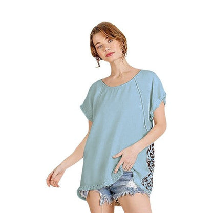 WA6248 Linen Leopard Back Short Sleeve Top Blue