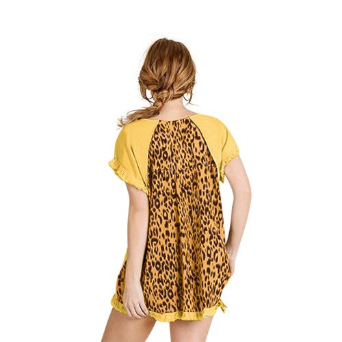 Linen Leopard Back Short Sleeve Top Mustard