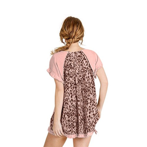 Linen Leopard Back Short Sleeve Top Pink