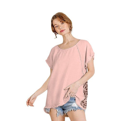 WA6248 Linen Leopard Back Short Sleeve Top Pink 