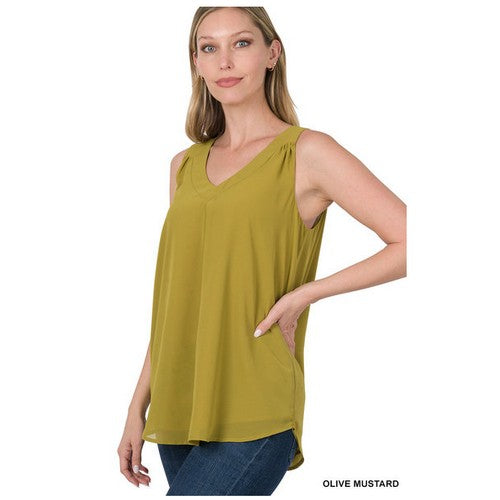 QT-2637AB Chiffon Double Layer Sleeveless Blouse Olive Mustard