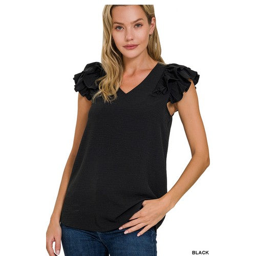 QT-7185D4 Sleevless Russle Top Black