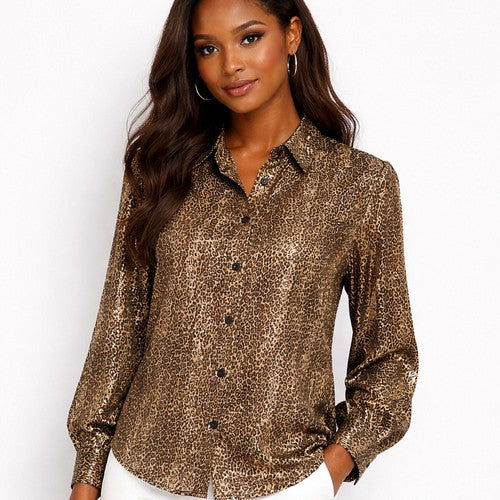 Leopard Print Chiffon Blouse Gold Metallic