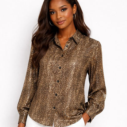 Leopard Print Chiffon Blouse Gold Metallic