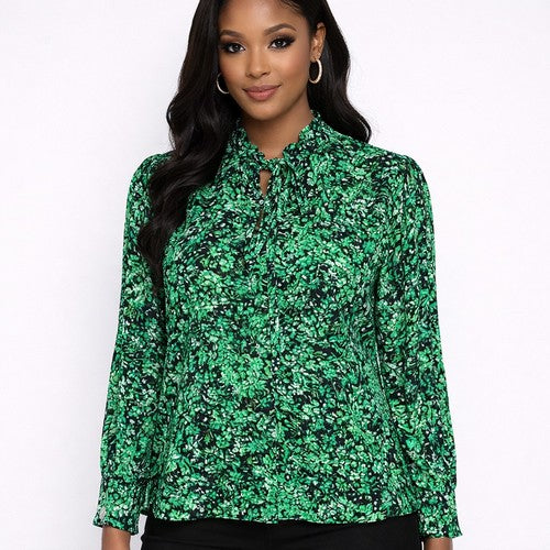 Gold Button Detail High Neck Blouse in Green Floral