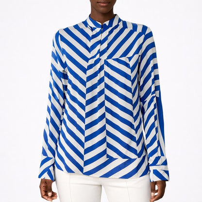 Silver Button Detail High Neck Blouse in Blue/Ivory Stripe