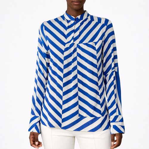 Silver Button Detail High Neck Blouse in Blue & Ivory Stripe