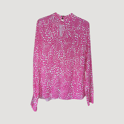 Silver Button Detail High Neck Blouse in Fuchsia Leopard Print