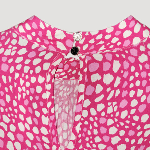 Silver Button Detail High Neck Blouse in Fuchsia Leopard Print