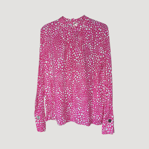 Silver Button Detail High Neck Blouse in Fuchsia Leopard Print