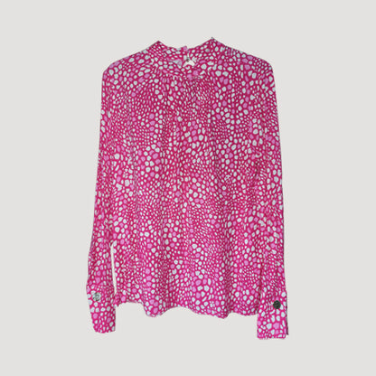 Silver Button Detail High Neck Blouse in Fuchsia Leopard Print