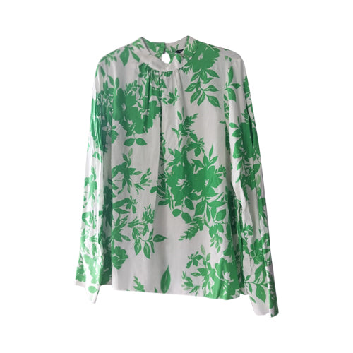 Silver Button Detail High Neck Blouse Green/Ivory Floral