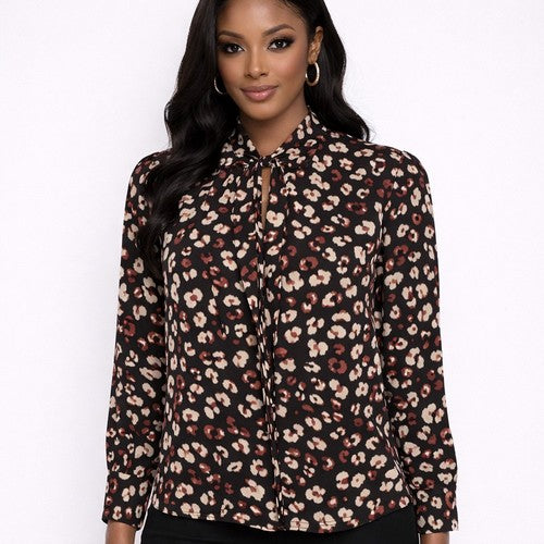 Pussy Bow Blouse in Brown Dalmatian Print
