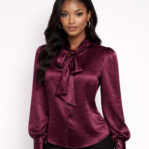 Pussy Bow Satin Blouse in Burgundy