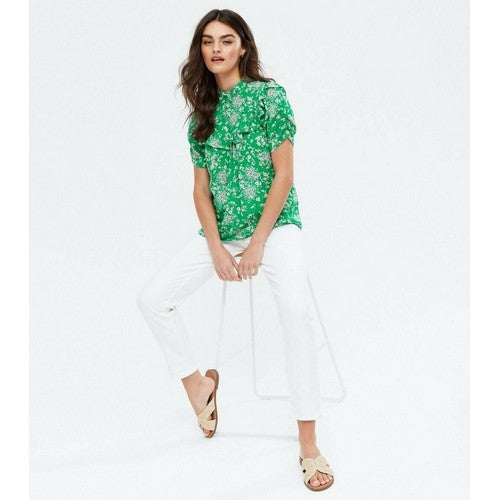 New Look Ditsy Floral Print Frill Blouse Green