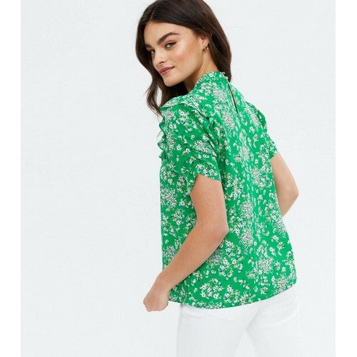 New Look Ditsy Floral Print Frill Blouse Green