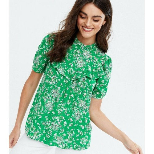 6966143 New Look Ditsy Floral Print Frill Short Sleeve Blouse Green