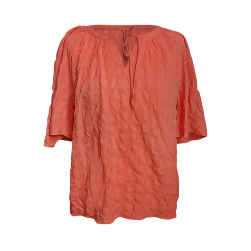 Tie Neck Short Sleeve Blouse with Square Pattern Coral