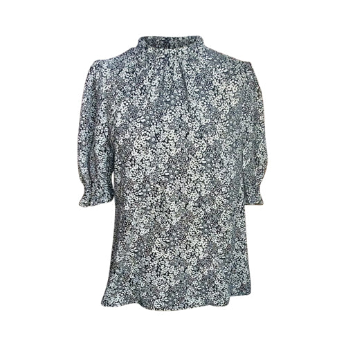T432497 Marks & Spencer Frill Neck Short Sleeve Floral Print Blouse Black & White