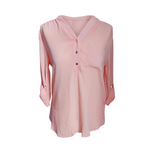 Wallis 3/4 Roll Up Sleeve Sheer Blouse with Front Pocket Pink