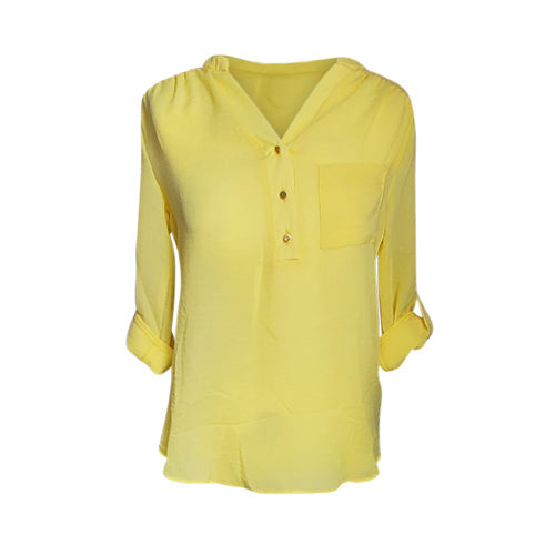 Wallis 3/4 Roll Up Sleeve Sheer Blouse with Front Pocket Yellow