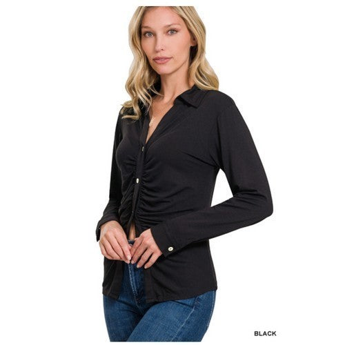 RT-8383Y Ruche Front Stretch Shirt Black