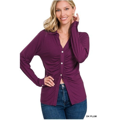 RT-8383Y Ruche Front Stretch Shirt Dark Plum