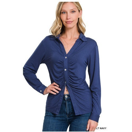 RT-8383Y Ruche Front Stretch Shirt Light Navy