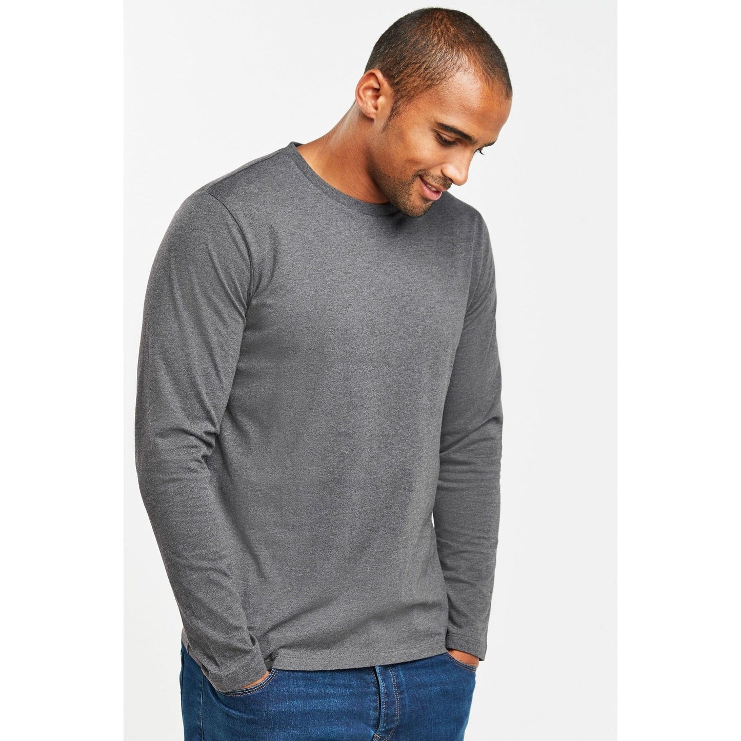 Smart Crew Neck Long Sleeve Cotton Jersey Mid Heather Grey