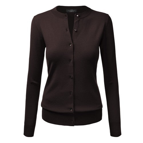 WSK781 Pearl Button Crew Neck Cardigan in Brown