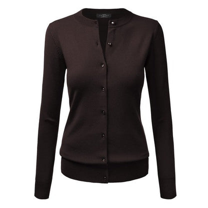 WSK781 Pearl Button Crew Neck Cardigan in Brown