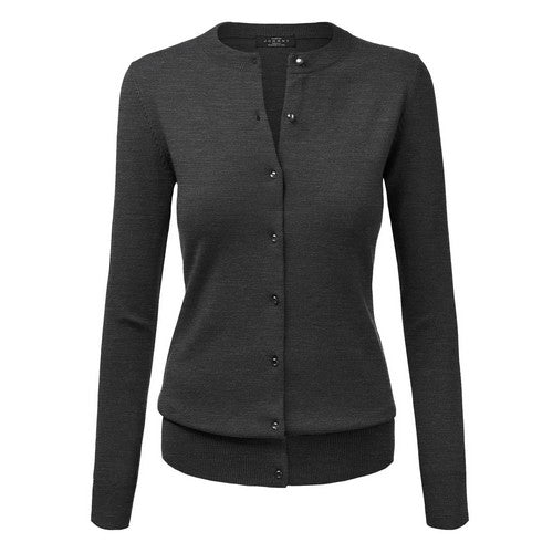 WSK781 Pearl Button Crew Neck Cardigan in Charcoal