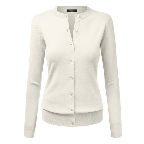 WSK781 Pearl Button Crew Neck Cardigan in Ivory